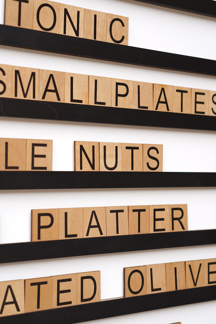 Wall Mounted Menu Display, Wooden Price List for Bar, Wooden Tiles Letter Board