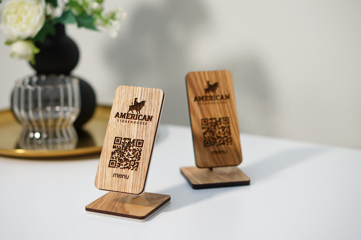Personalized Wooden QR Code Menu Stand with Engraved Logo