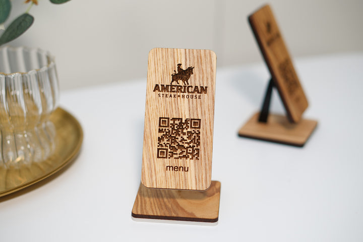 Personalized Wooden QR Code Menu Stand with Engraved Logo