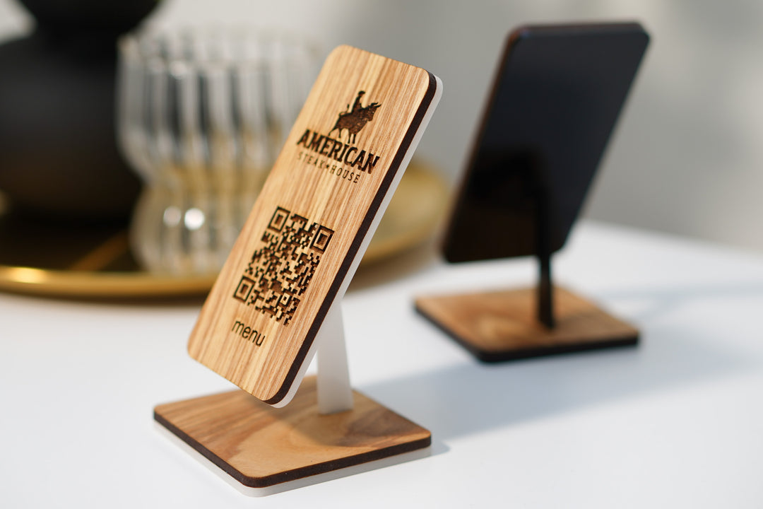 Personalized Wooden QR Code Menu Stand with Engraved Logo