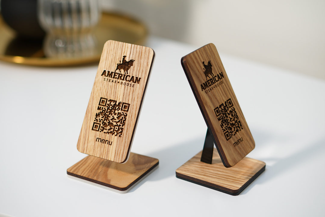 Personalized Wooden QR Code Menu Stand with Engraved Logo