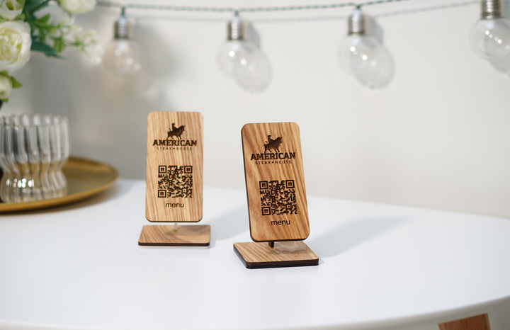 Personalized Wooden QR Code Menu Stand with Engraved Logo