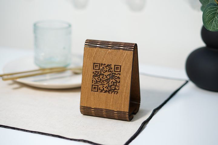Custom Wood QR Code Menu Sign: Engraved Cafe Stand