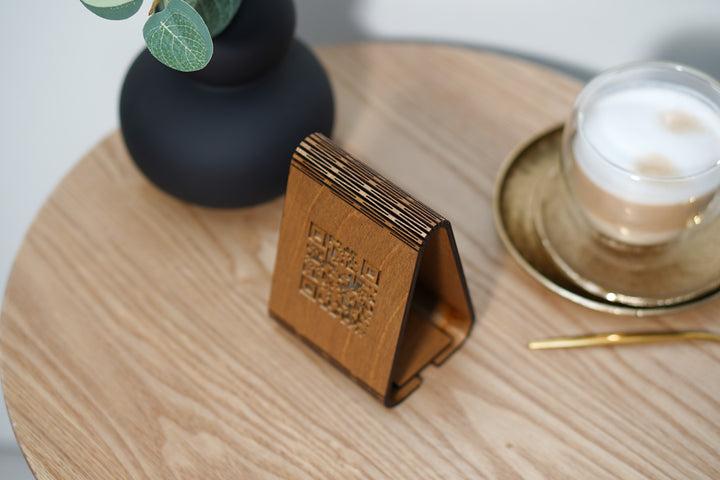 Custom Wood QR Code Menu Sign: Engraved Cafe Stand