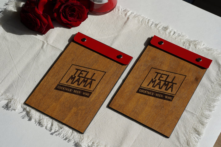 Wooden Menu Folder, Custom Leather Cover, Restaurant Guest Book