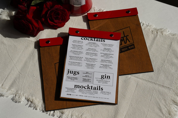 Wooden Menu Folder, Custom Leather Cover, Restaurant Guest Book