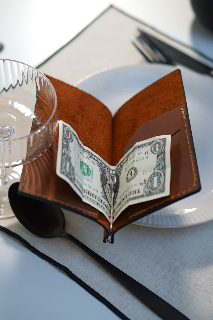 Custom Vintage Leather Check Presenter with Clip: Embossed Bill Holder