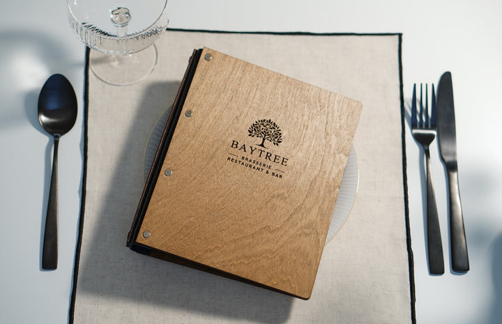 Personalized Wooden Menu Cover with Ring Binder - Engraved Logo