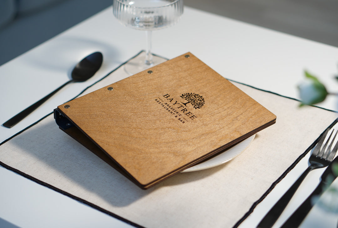 Personalized Wooden Menu Cover with Ring Binder - Engraved Logo