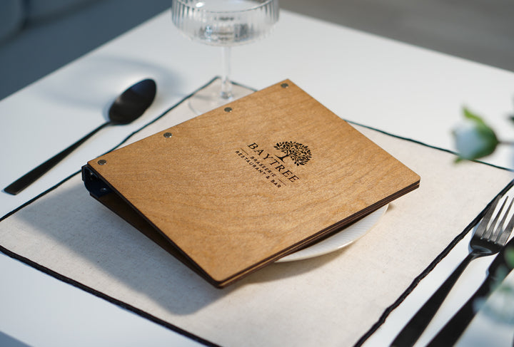 Personalized Wooden Menu Cover with Ring Binder - Engraved Logo