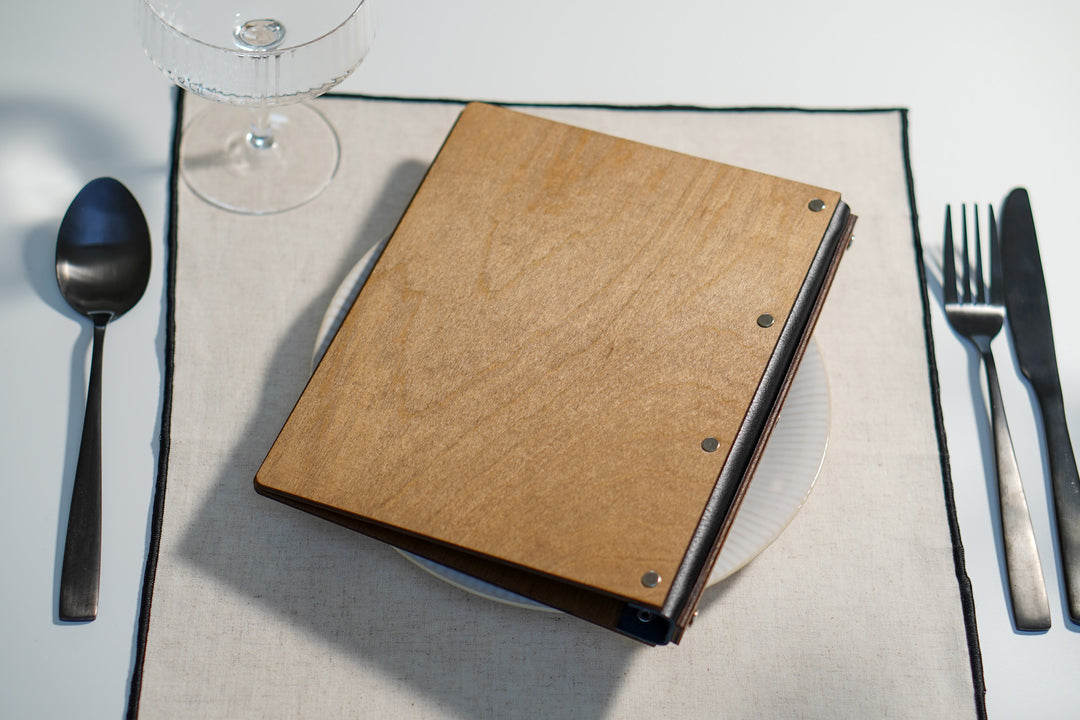 Personalized Wooden Menu Cover with Ring Binder - Engraved Logo