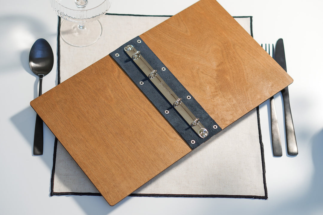 Personalized Wooden Menu Cover with Ring Binder - Engraved Logo