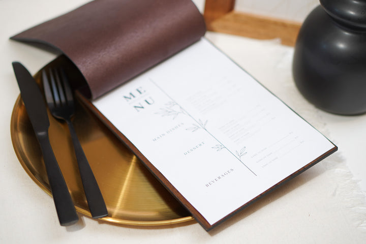 Elegant Ashwood and Leather Menu Folder for A5 and US Half Letter Sheets