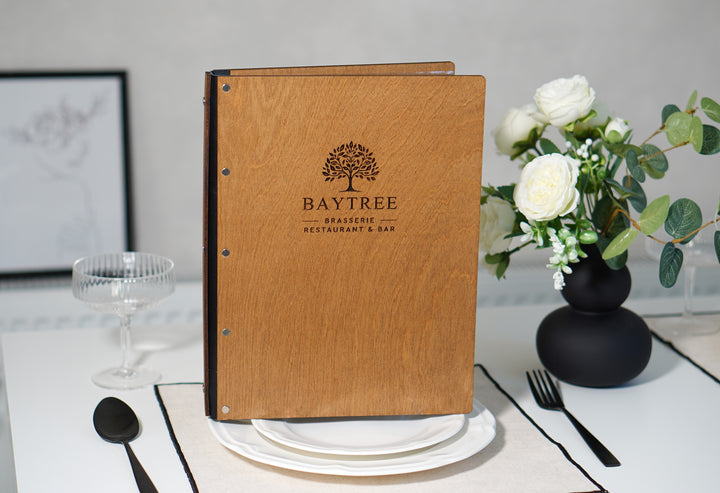 Personalized Wooden Menu Cover with Ring Binder - Engraved Logo