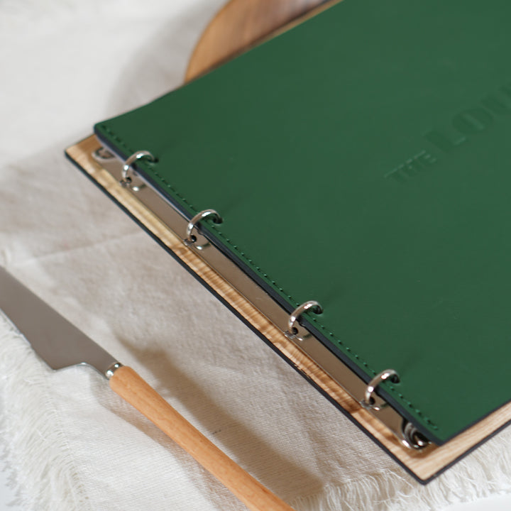 Elegant Ashwood and Leather Menu Folder with ring binding