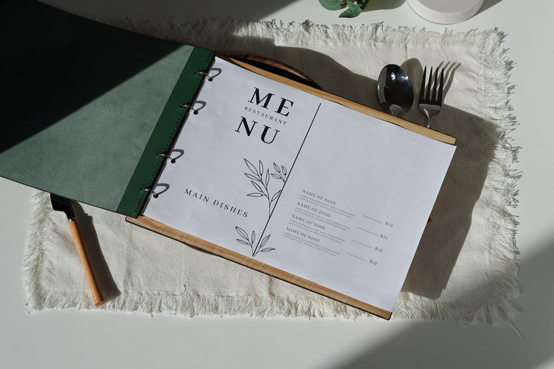 Elegant Ashwood and Leather Menu Folder with ring binding
