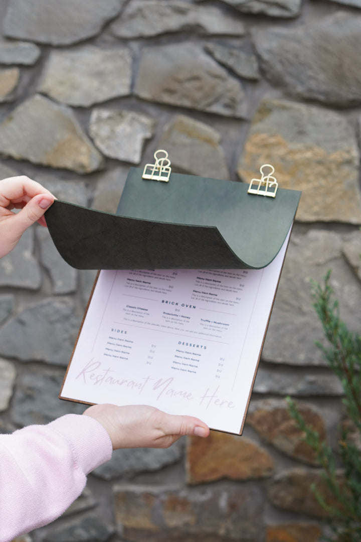 Leather Menu Holder with Embossed Logo, Plywood Clipboard for Restaurants