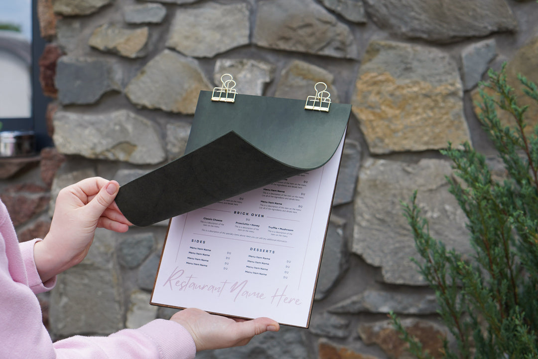 Leather Menu Holder with Embossed Logo, Plywood Clipboard for Restaurants