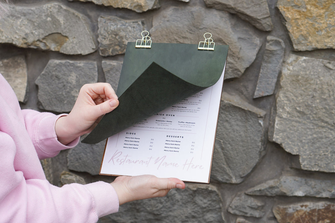 Leather Menu Holder with Embossed Logo, Plywood Clipboard for Restaurants