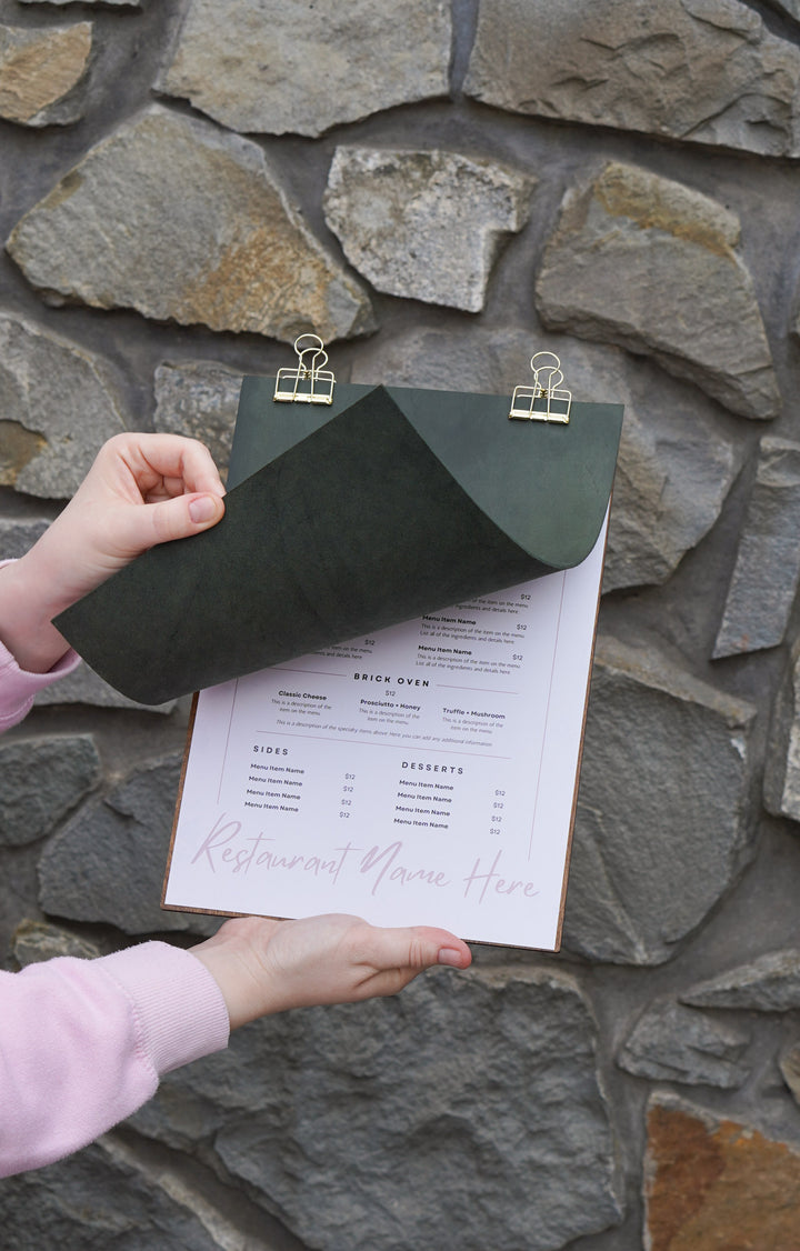 Leather Menu Holder with Embossed Logo, Plywood Clipboard for Restaurants