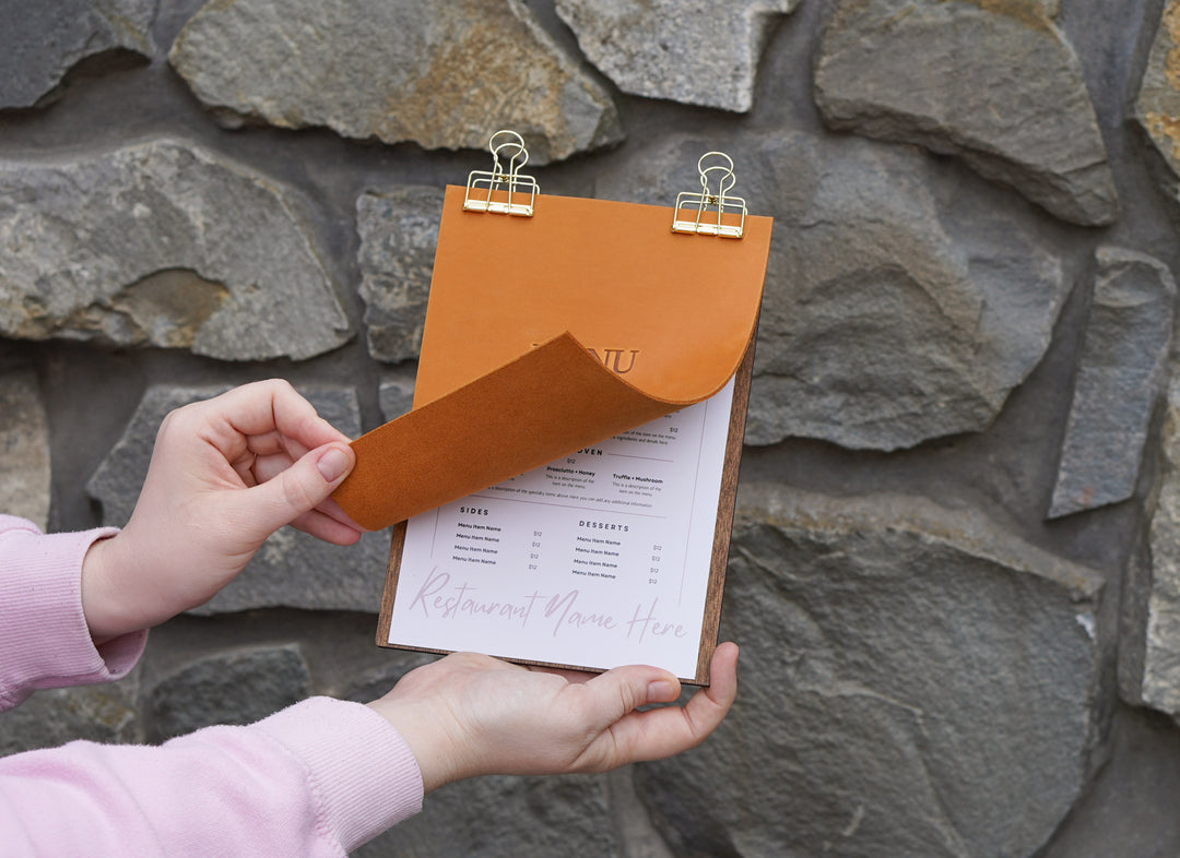Leather Menu Holder with Embossed Logo, Plywood Clipboard for Restaurants