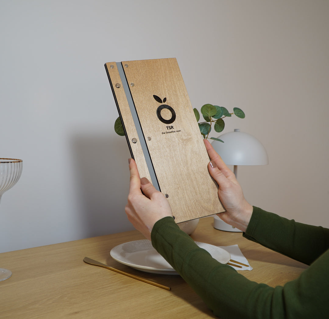 Personalized Wood Menu Cover: Logo Embossed Restaurant Menu