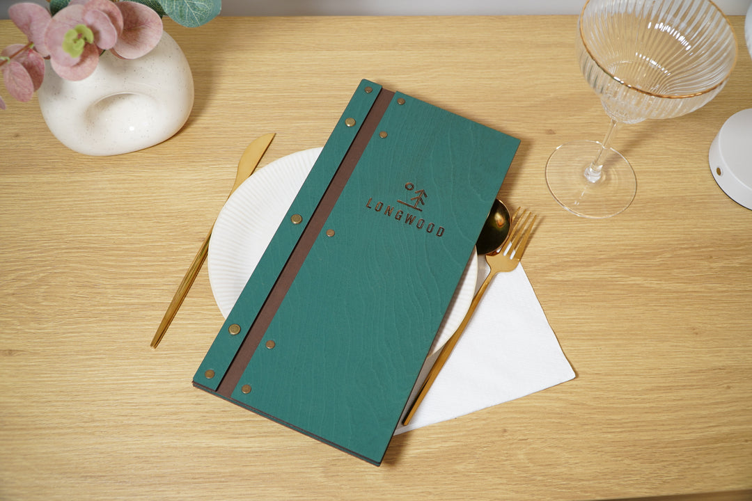 Personalized Wood Menu Cover: Logo Embossed Restaurant Menu