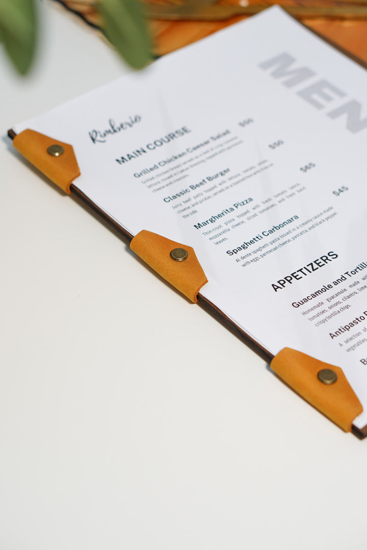 Custom Wooden Menu Board with Leather Clip: Restaurant Cafe Bar