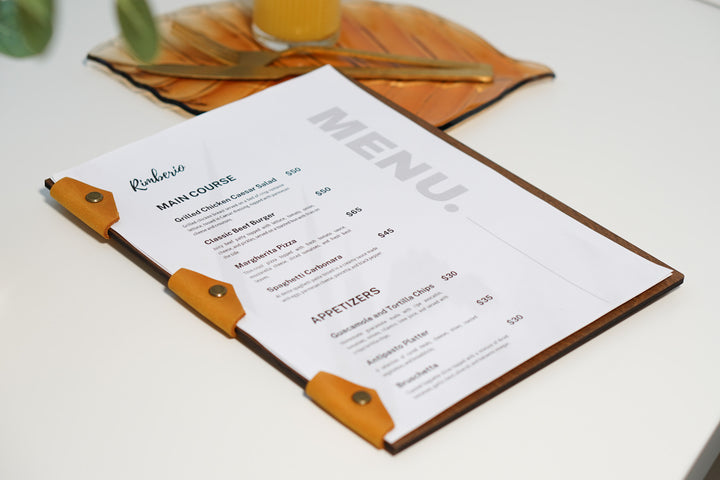 Custom Wooden Menu Board with Leather Clip: Restaurant Cafe Bar