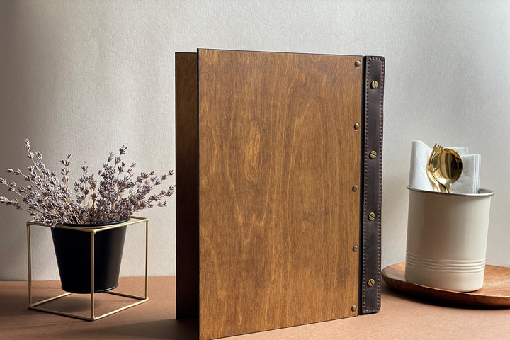 Plywood Menu Folder with Leather Strap: Restaurant Menu Book