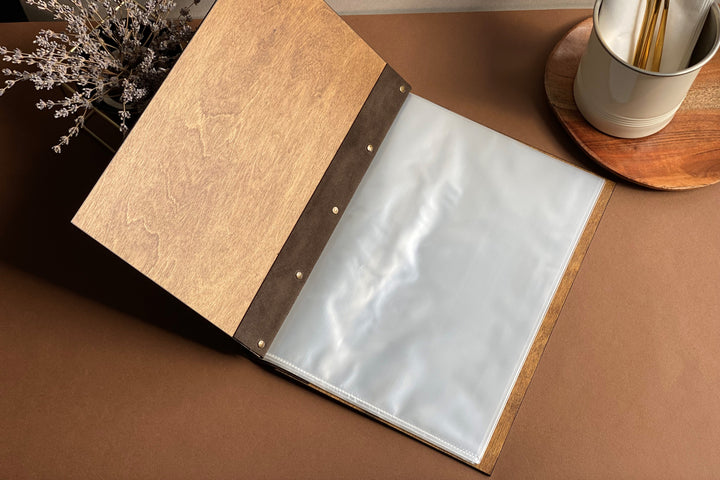 Plywood Menu Folder with Leather Strap: Restaurant Menu Book