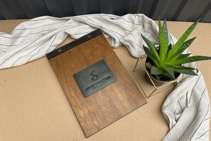 Wooden Menu Folder with Leather Binding: Restaurant Menu Board