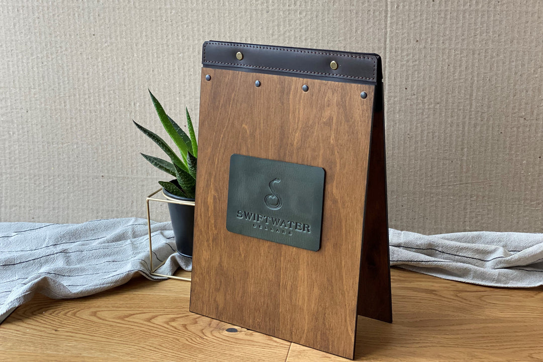 Wooden Menu Folder with Leather Binding: Restaurant Menu Board