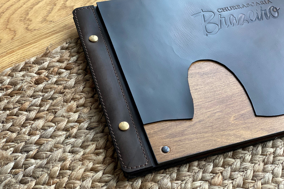Wooden Menu Folder with Leather Binding: Restaurant Menu Board