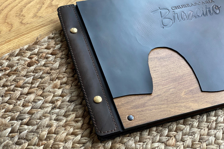 Wooden Menu Folder with Leather Binding: Restaurant Menu Board
