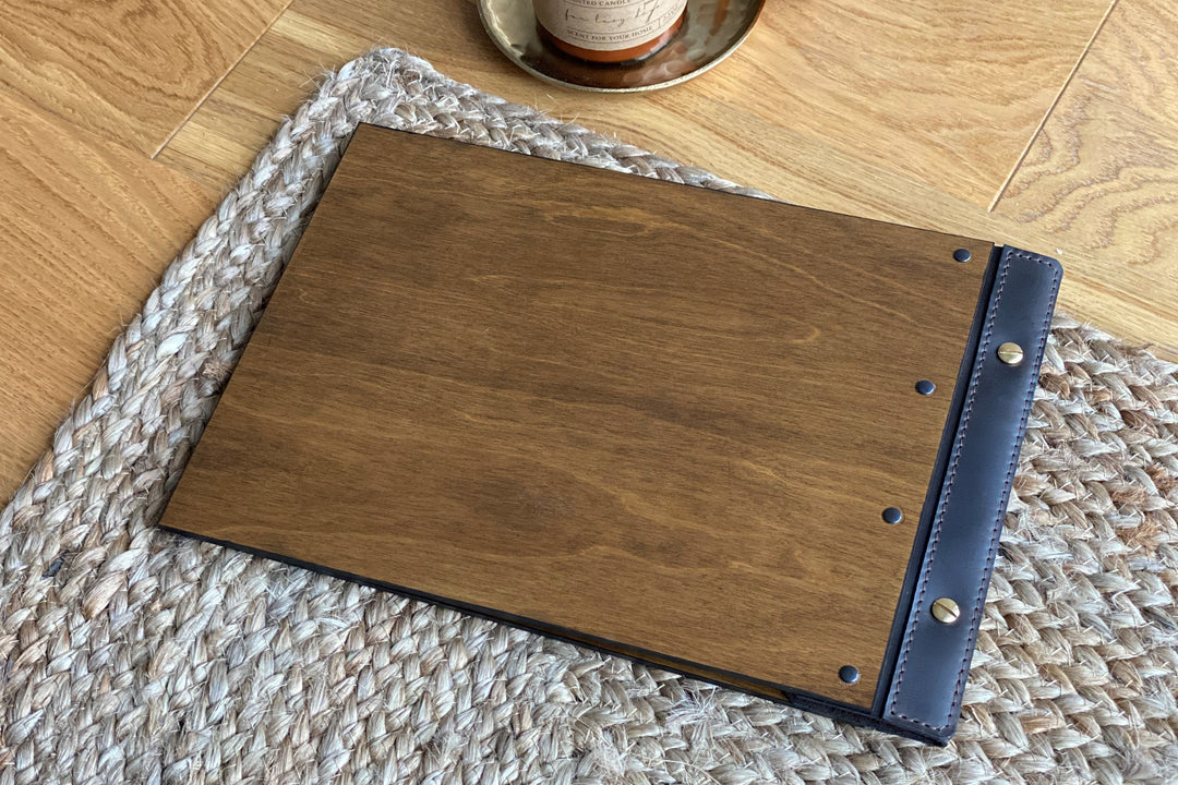 Wooden Menu Folder with Leather Binding: Restaurant Menu Board