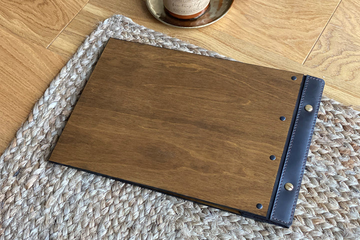 Wooden Menu Folder with Leather Binding: Restaurant Menu Board