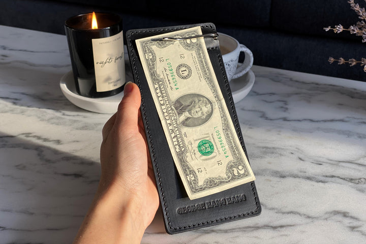 Vintage Blue Leather Bill Holder: Restaurant Check Presenter