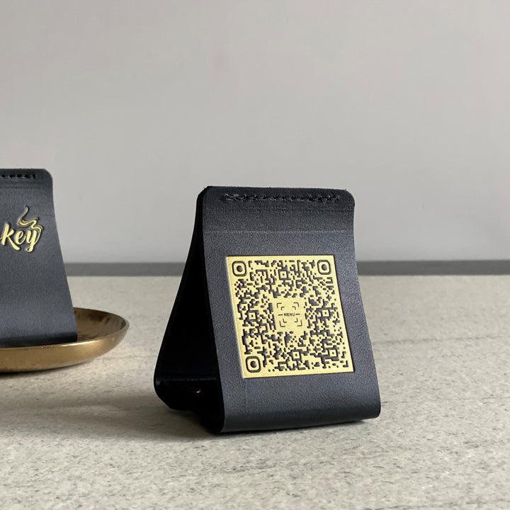 Leather QR Code Menu Sign: Restaurant Tabletop Display