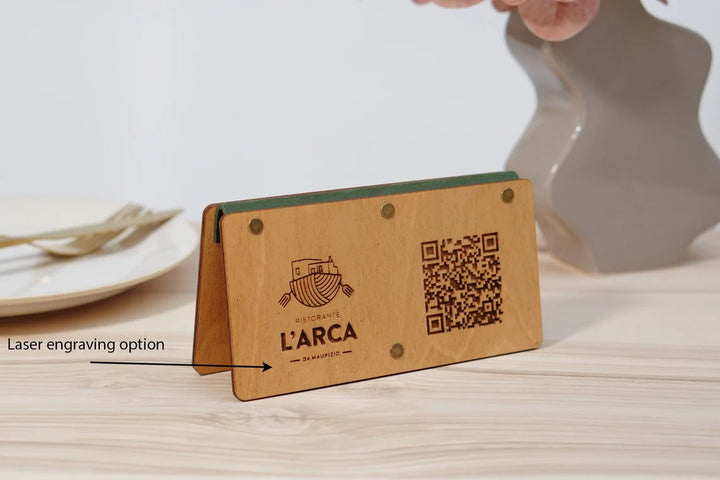 Personalized Wooden QR Code Menu Holder with Vintage Leather