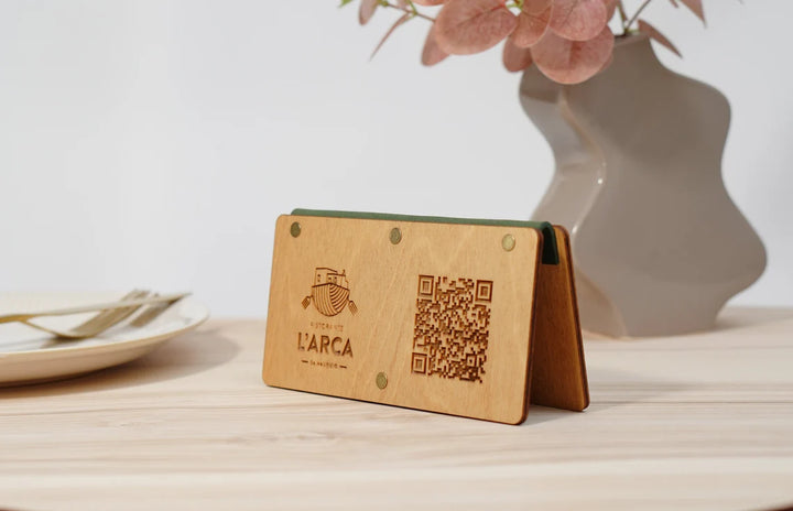 Personalized Wooden QR Code Menu Holder with Vintage Leather