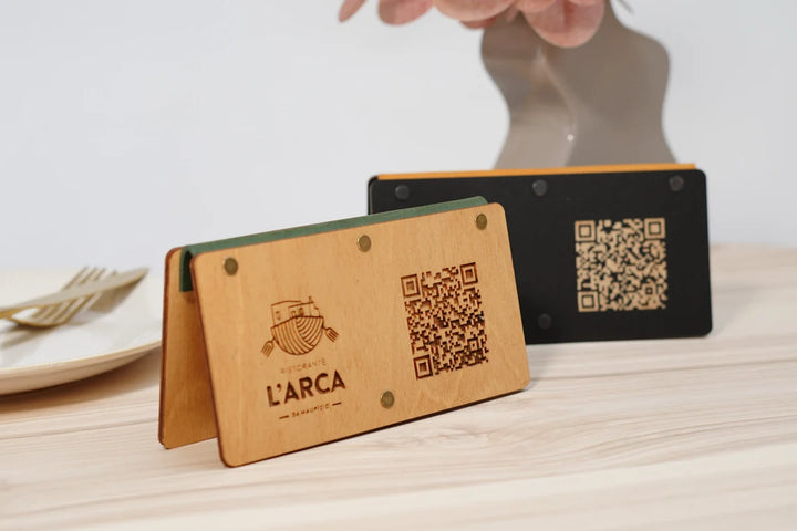Personalized Wooden QR Code Menu Holder with Vintage Leather