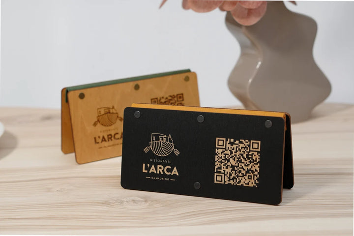 Personalized Wooden QR Code Menu Holder with Vintage Leather