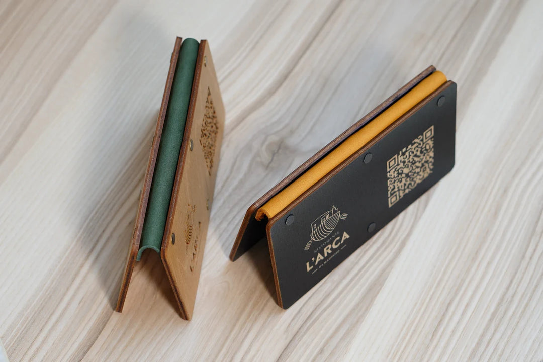 Personalized Wooden QR Code Menu Holder with Vintage Leather