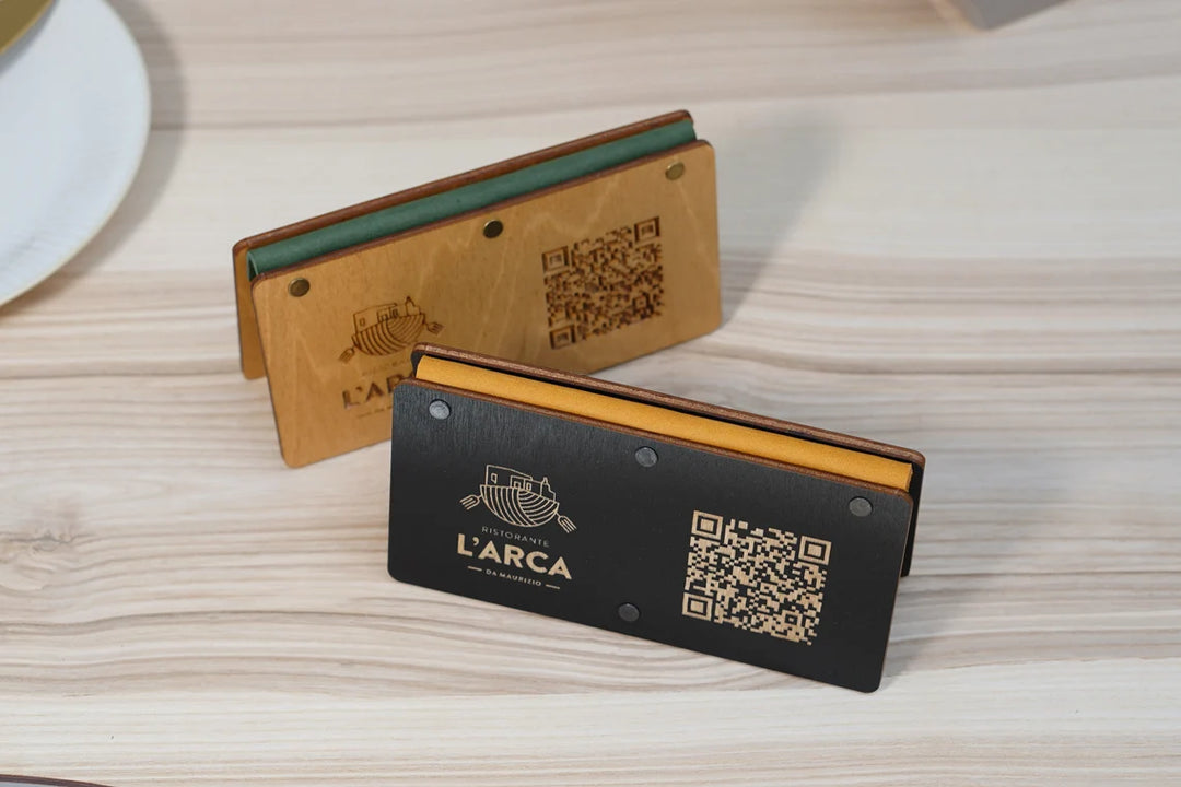 Personalized Wooden QR Code Menu Holder with Vintage Leather