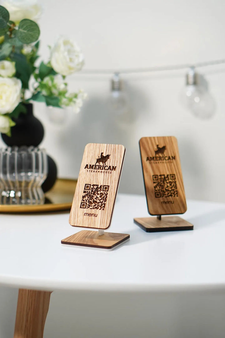 Personalized Wooden QR Code Menu Stand with Engraved Logo