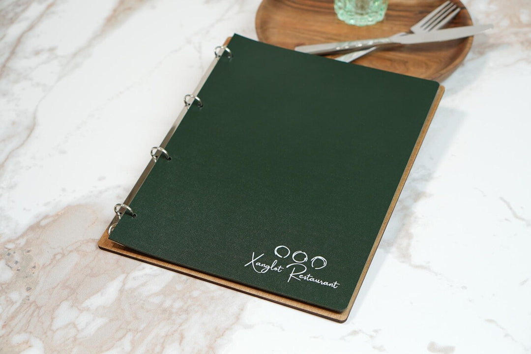Personalized Wood Menu Cover with Ring Binder - Engraved Logo