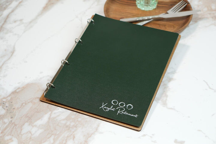 Personalized Wood Menu Cover with Ring Binder - Engraved Logo