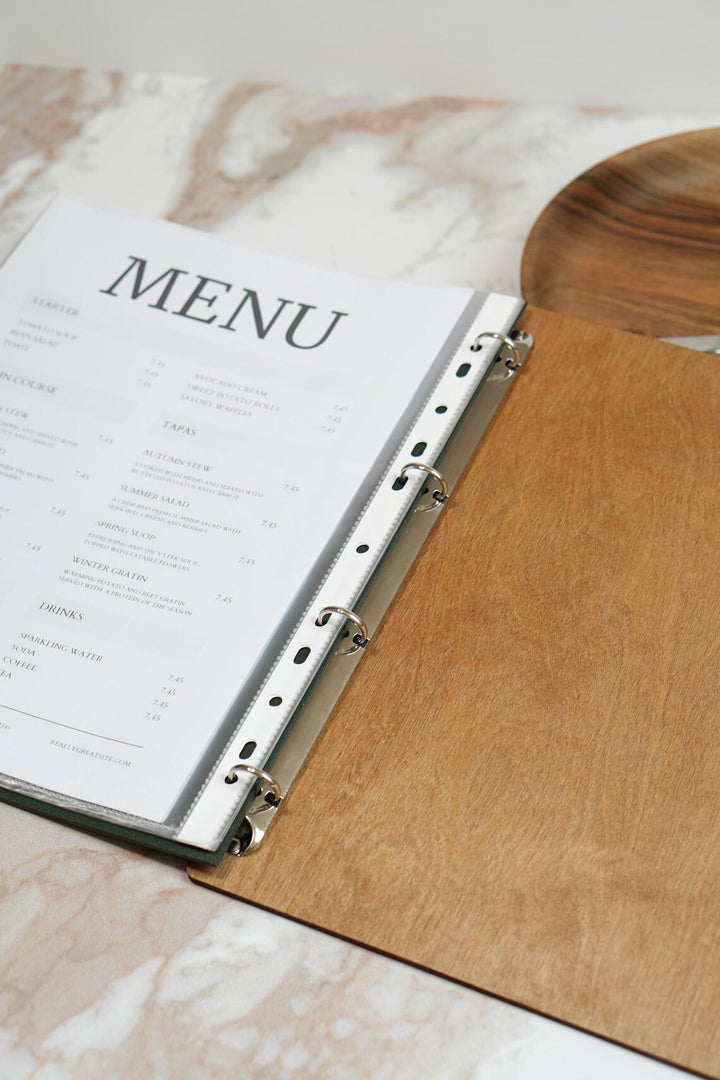 Personalized Wood Menu Cover with Ring Binder - Engraved Logo