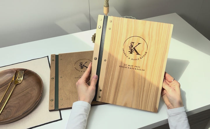 Engraved Wood & Leather Menu Holder: Customizable Restaurant Menu